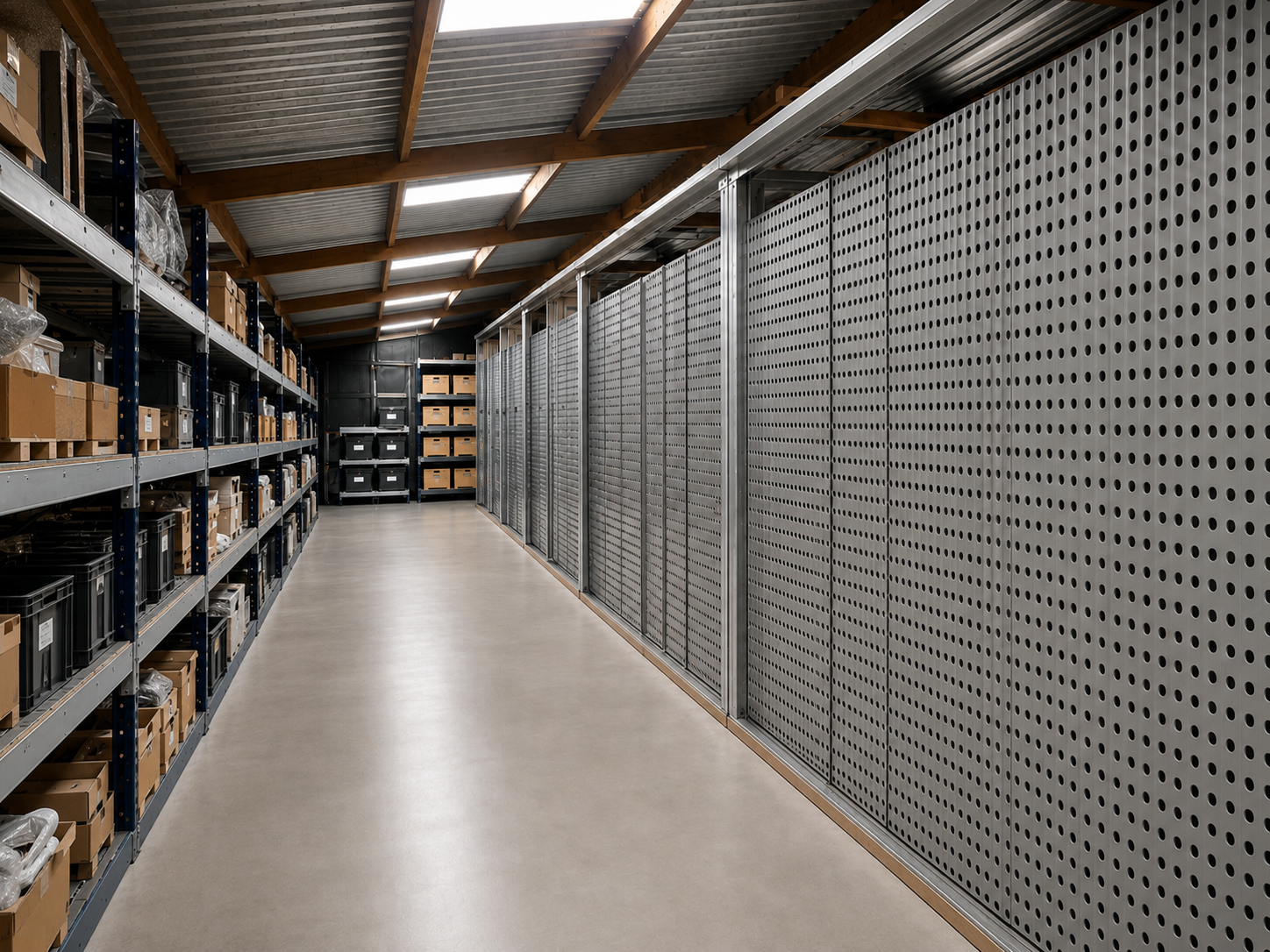 Eigen voorraad Aluvision- en beMatrix-kaders op stellingen in het magazijn van VNSTRA EXPO