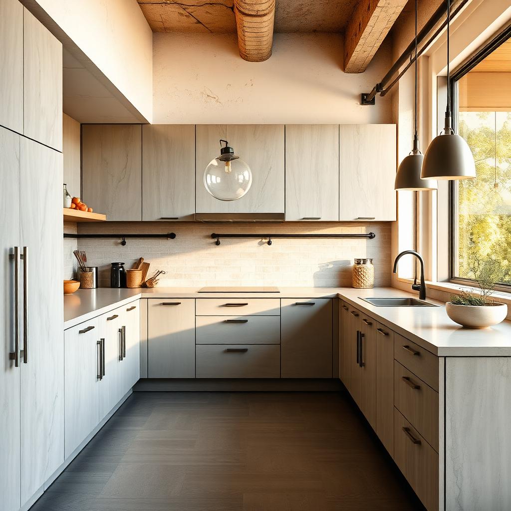 Industriële keuken met grijze betonlook fronten en zwart hardware, impressie