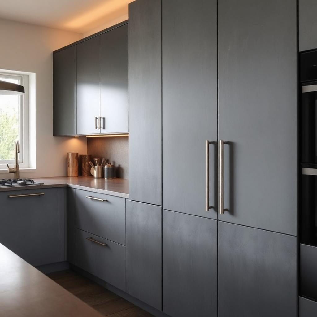 Keuken met lichte betonlook wrap en houten accentplank, impressie