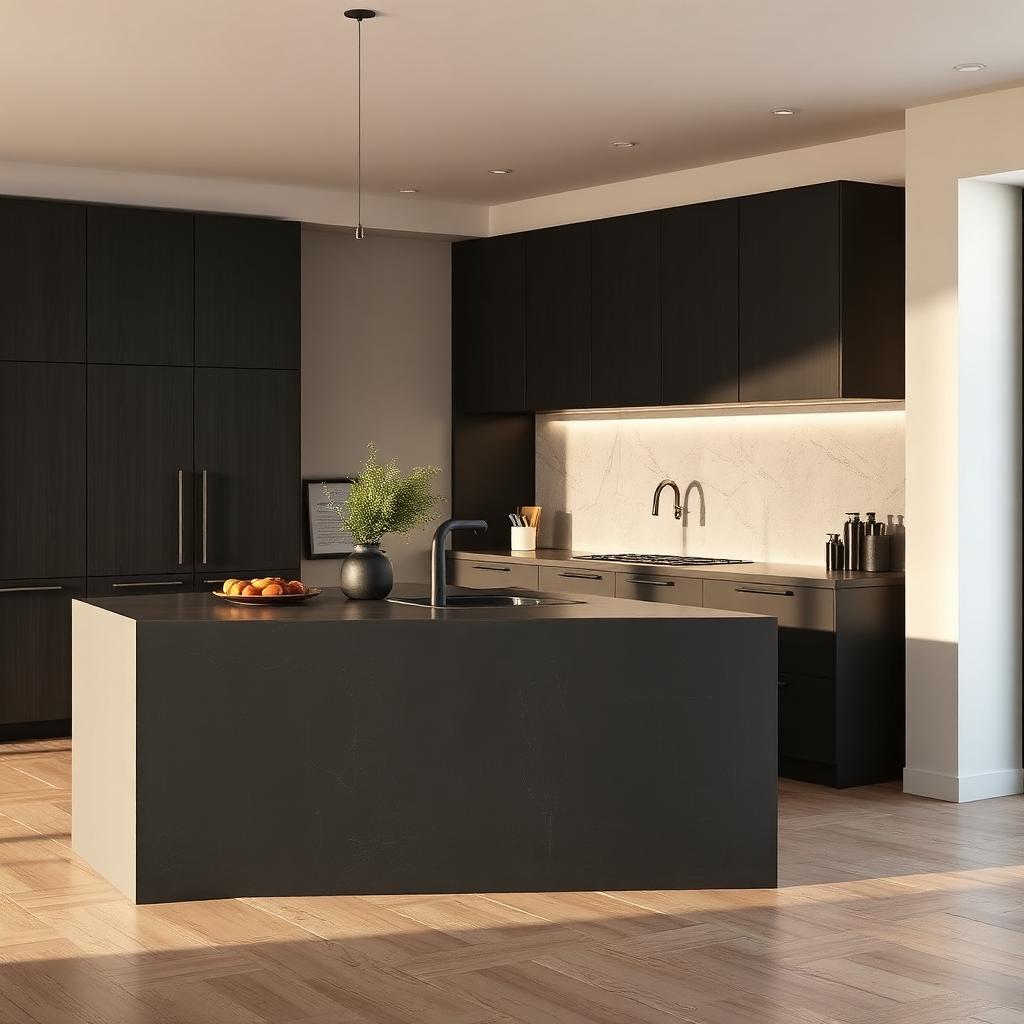 Donkere keuken met antraciet betonlook folie en amber pendant, impressie