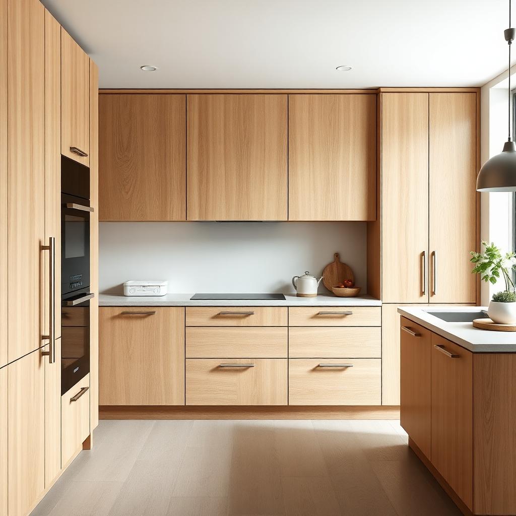 Keuken gewrapt in licht eiken folie met matte afwerking, impressie