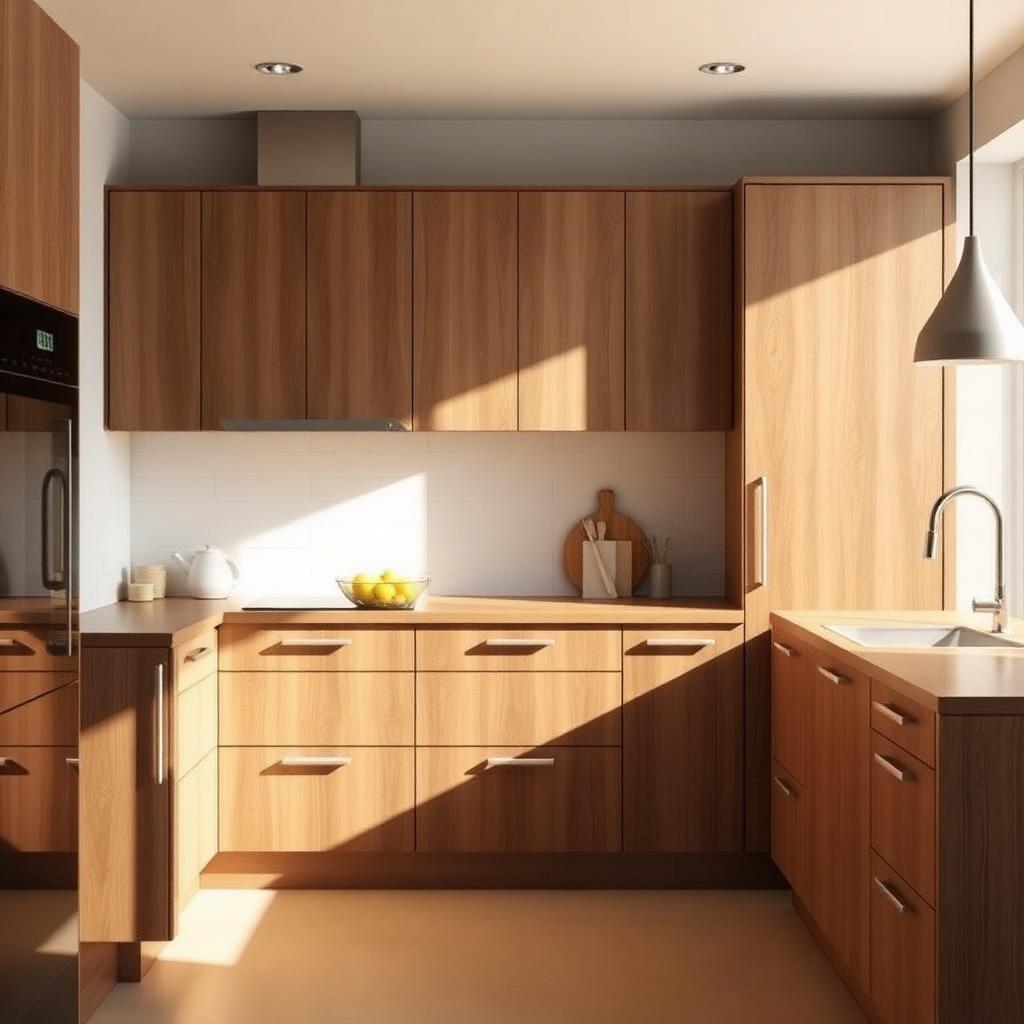 Keukenopstelling met kookeiland in walnoot houtlook folie, impressie