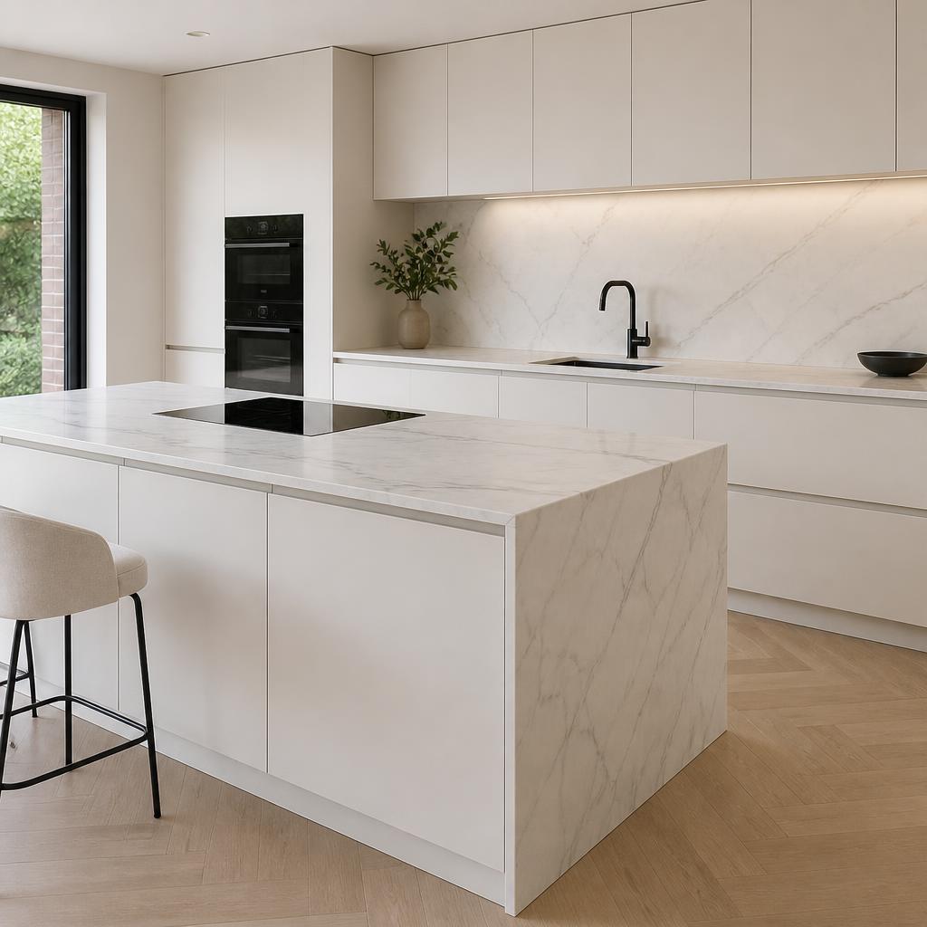 Klassieke keuken met witte marmerlook fronten en messing kranen, impressie