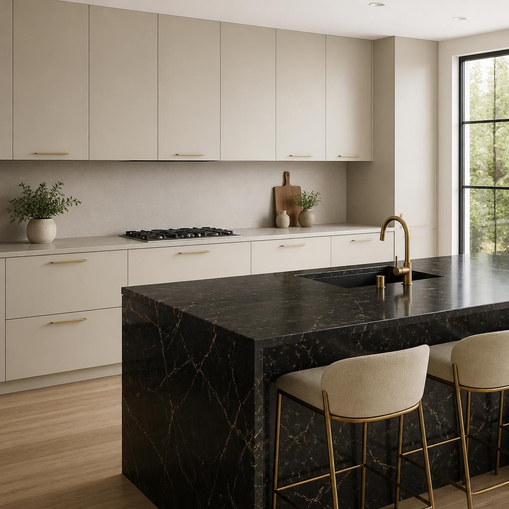 Moderne keuken met zwart marmerlook wrap en goud accenten, impressie