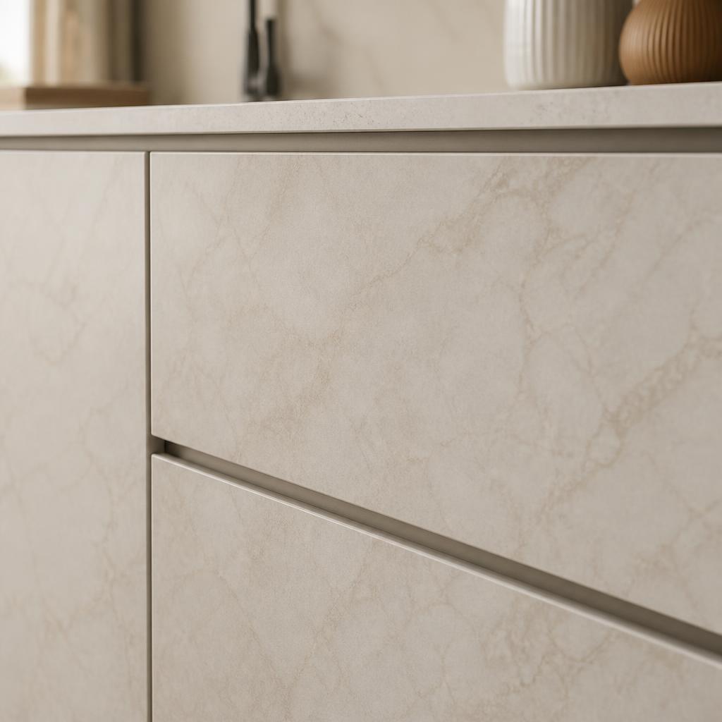 Kookeiland gewrapt in crème marmerlook folie met gouden hardware, impressie