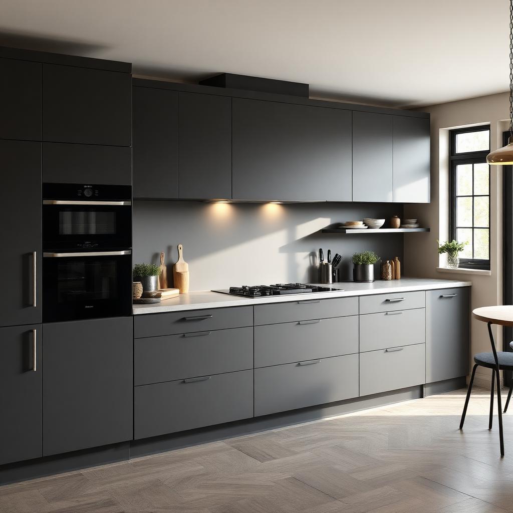 Landelijke keuken gewrapt in mat antraciet, impressie