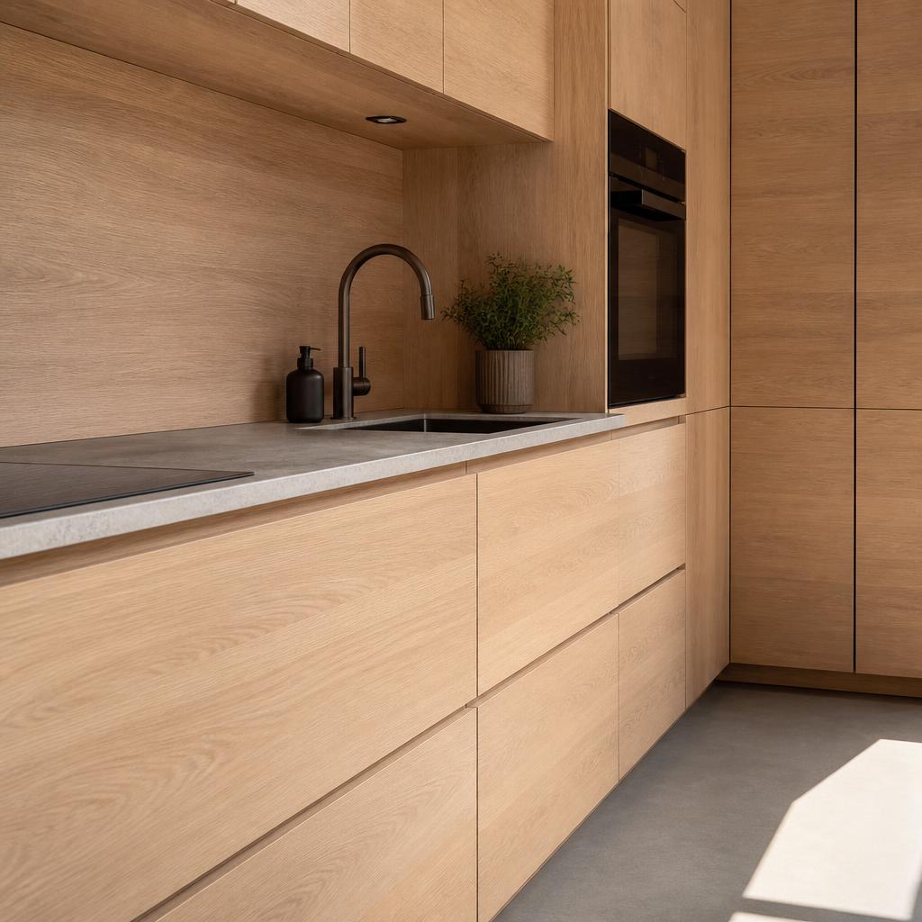 Familiekeuken met fronten in warme eikenlook folie, impressie