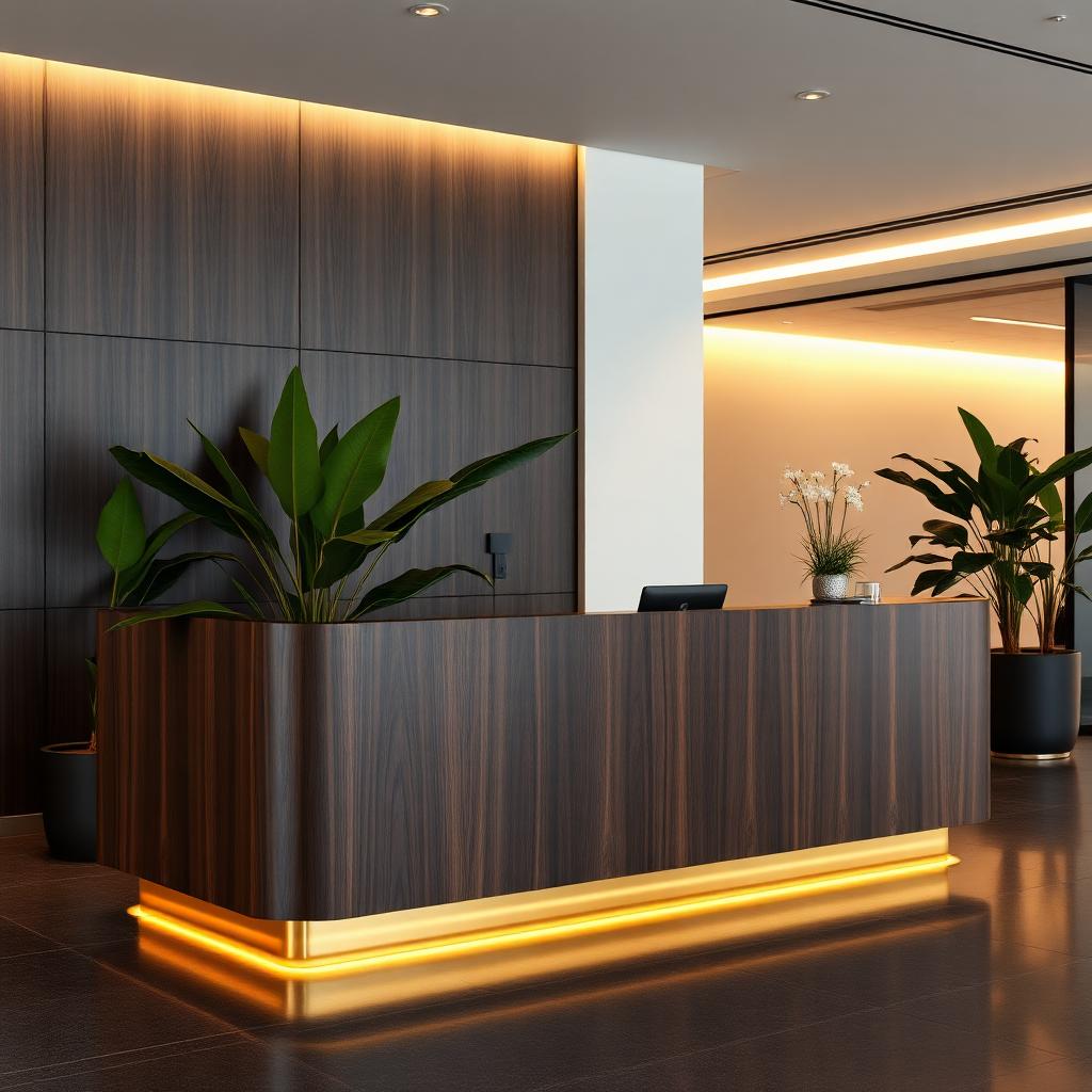 Gewrapte receptiebalie in donker houtlook folie met amber accentverlichting, impressie