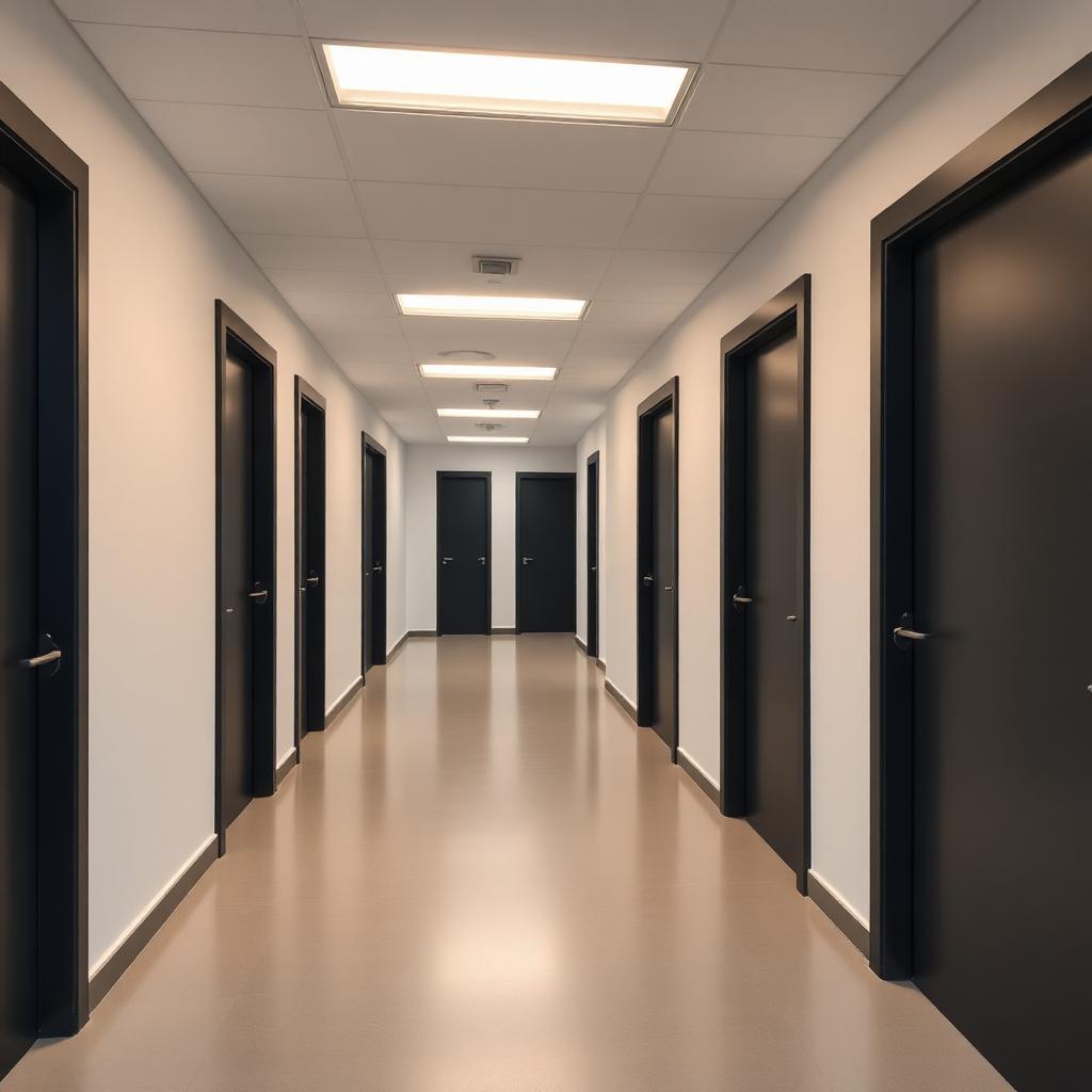 Kantoorgang met deuren en kozijnen gewrapt in mat antraciet, impressie