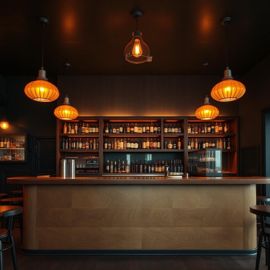 Sfeervolle horecabar met barfront in oak-look folie en amber pendants, impressie