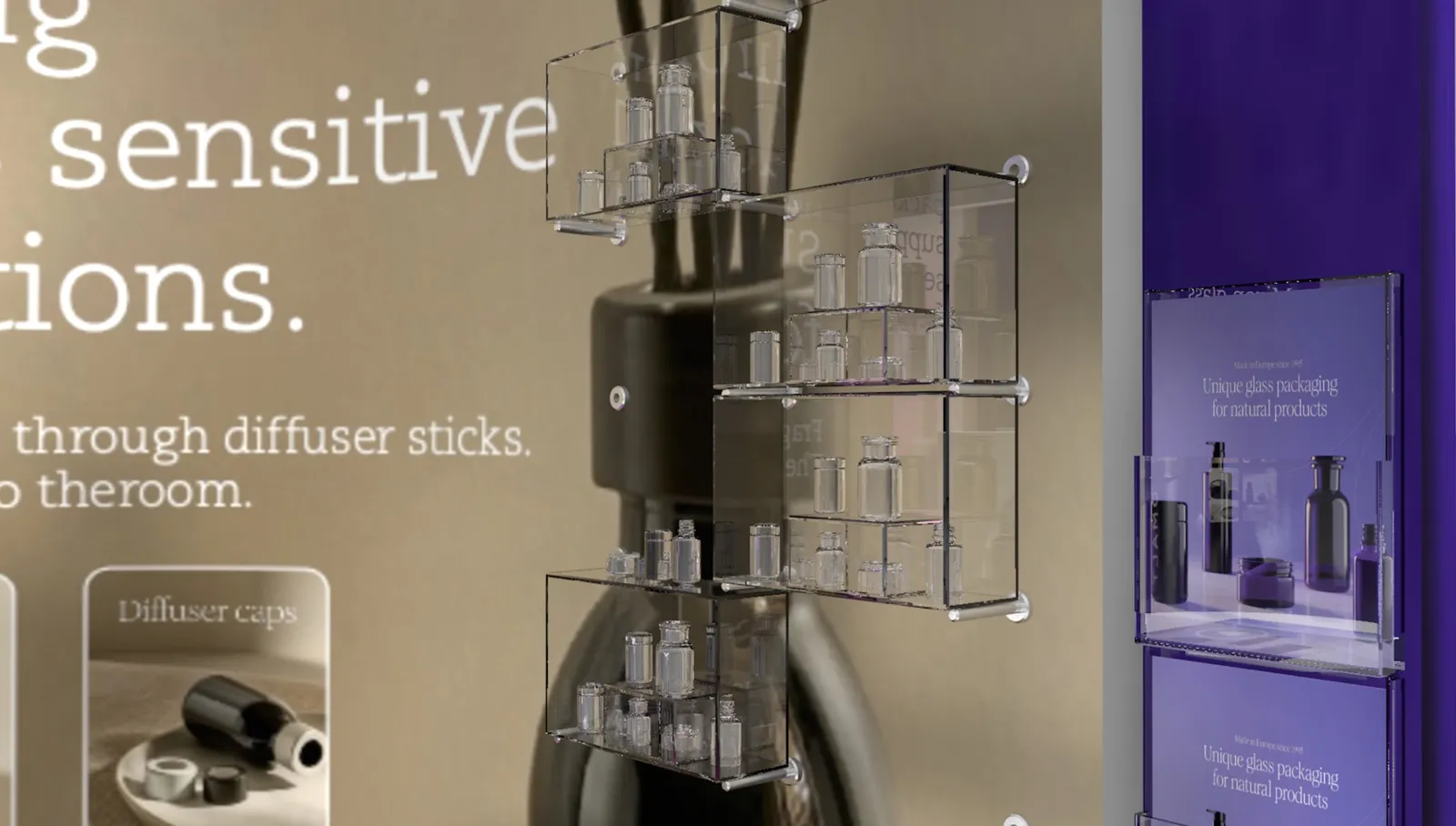 Transparante acrylaat kubussen op jacks in de wand van een beursstand